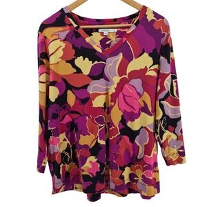 Chicos Bold Dark Floral Print Top V Neck 3/4 Sleeve Sz XL Boho Cottagecore Fall